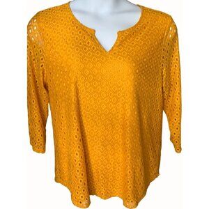 Ruby Rd Womens Quarter Sleeve Solid Yellow Eyelet Lace Spandex Lined Sweater XL